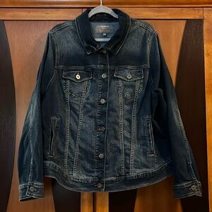 TORRID Dark Wash Denim Jacket w/ Sanding, Topstitching, & Chest Flap Pockets